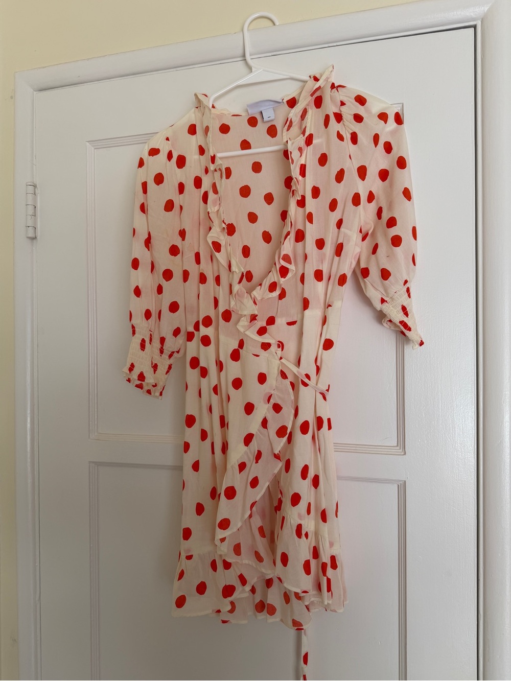 RIXO Cream Wrap Dress with Red Polka Dots